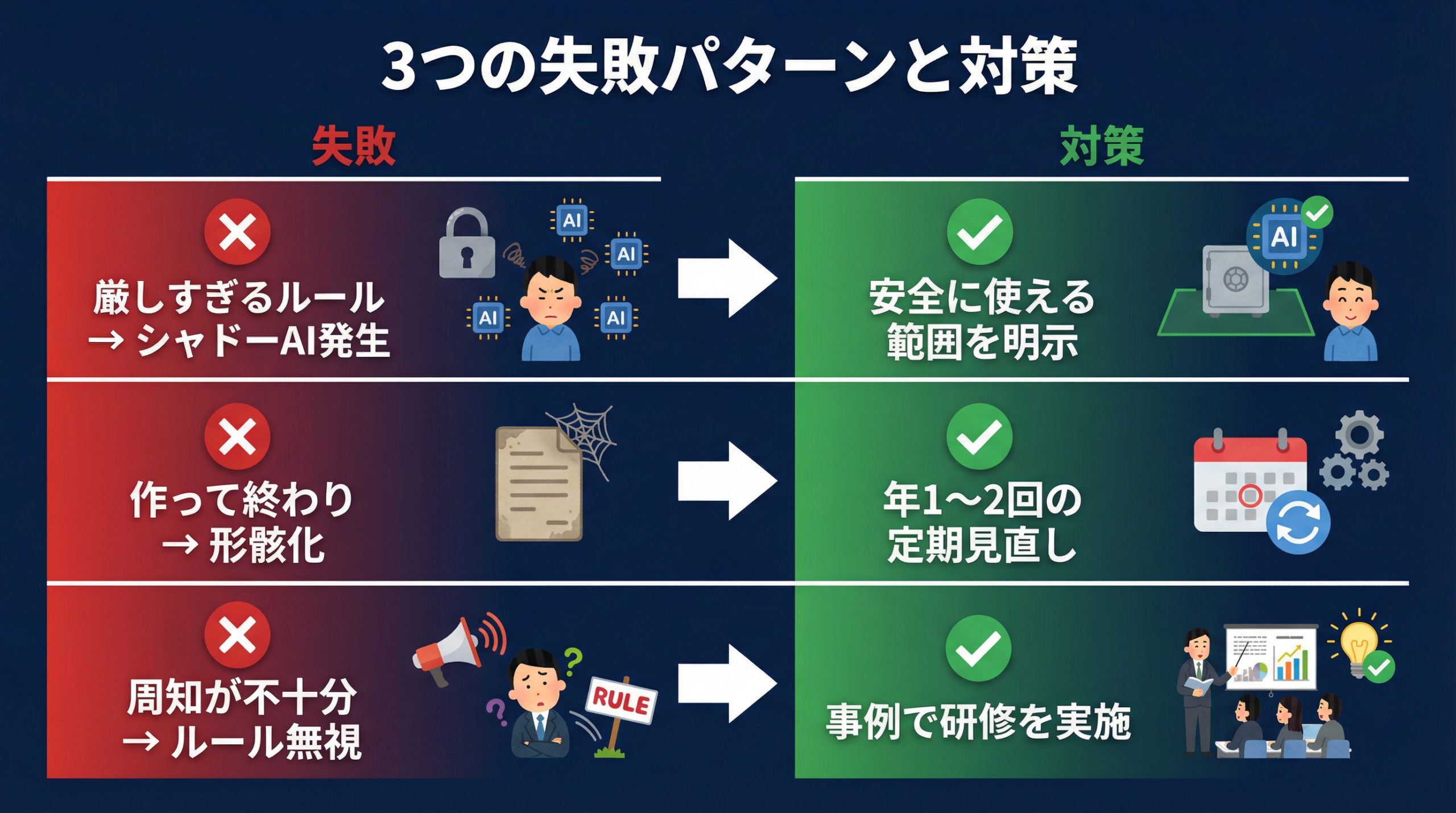 ガイドライン運用でよくある3つの失敗と対策のインフォグラフィック