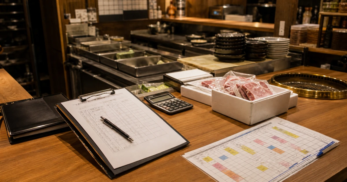 勘で回る焼肉店の仕入れ表と厨房まわりの写真風イメージ