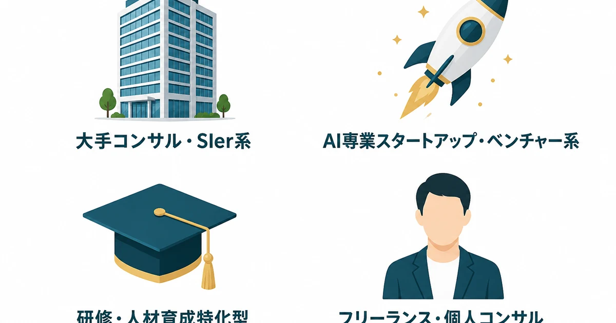 AI導入支援会社(コンサル)の選び方|大手 vs ベンチャーのメリット比較_図解2 AI導入支援会社(コンサル)の選び方|大手 vs ベンチャーのメリット比較|AI導入支援会社の4タイプ分類マップの図解