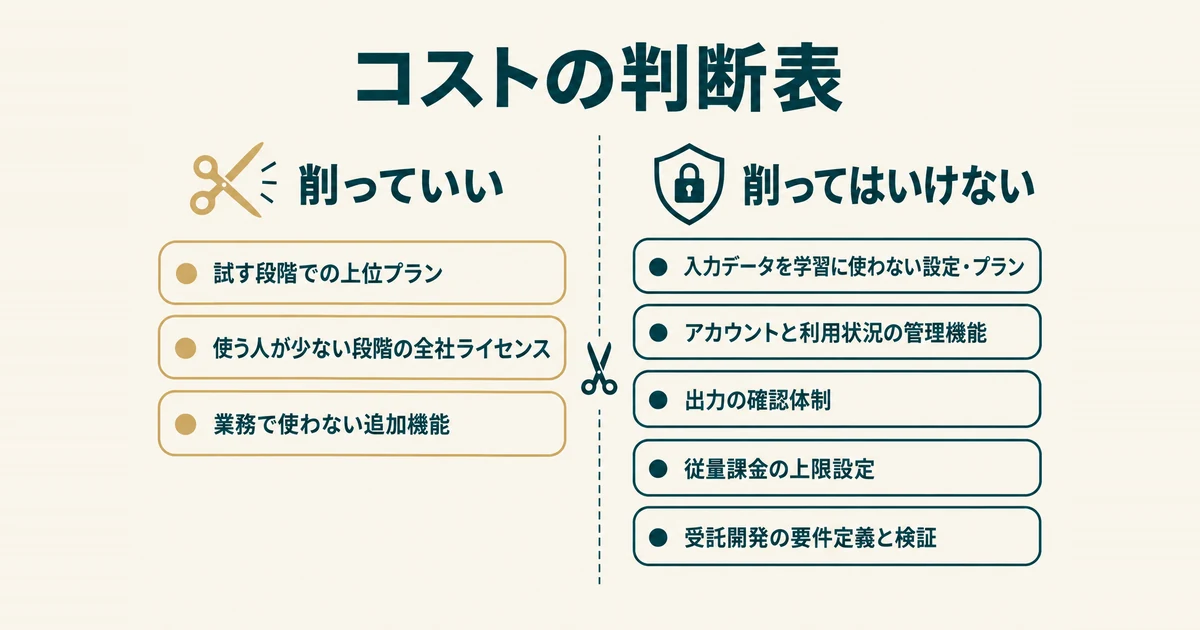格安AIツールのデメリットと失敗パターン7選｜削っていいコストの境界線：削ってよい費用3項目と削ってはいけない条件5項目の比較図