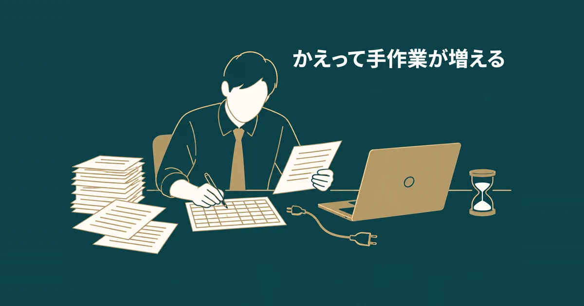 格安AIツールのデメリットと失敗パターン7選｜削っていいコストの境界線：回数制限と連携不足で手作業が増える場面のイラスト