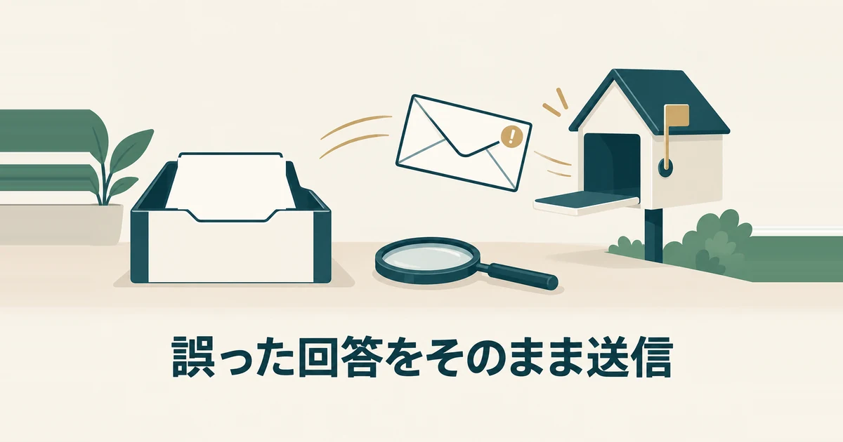 格安AIツールのデメリットと失敗パターン7選｜削っていいコストの境界線：AIの回答を確認せず顧客へ送る場面のイラスト