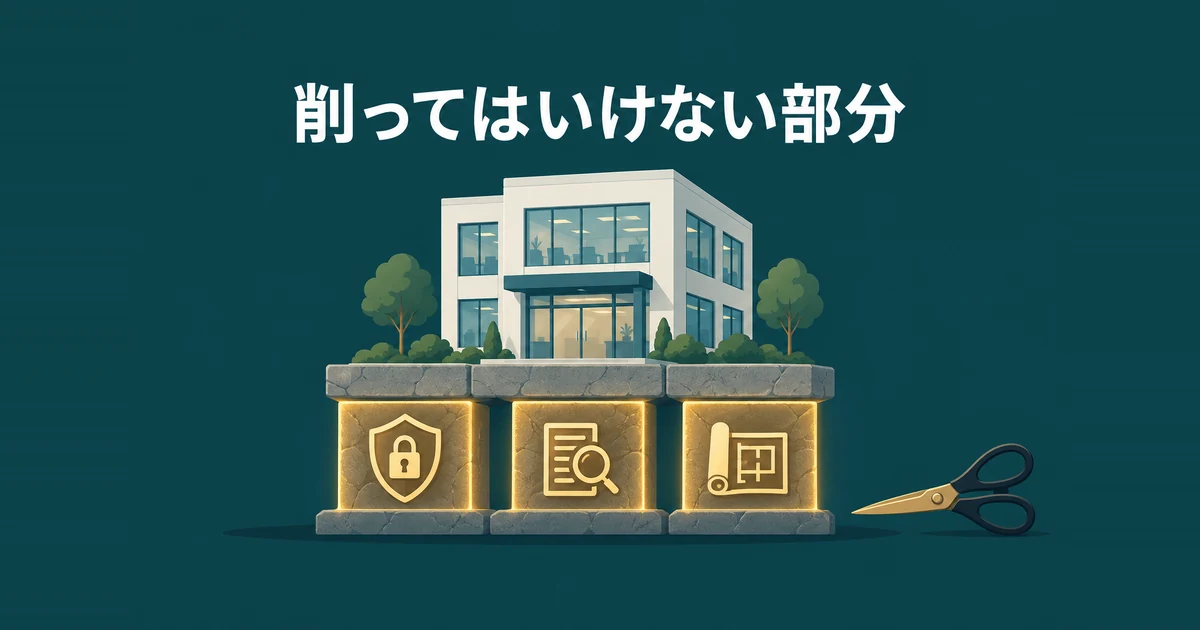 格安AIツールのデメリットと失敗パターン7選｜削っていいコストの境界線：データ保護・出力確認・要件定義を建物の土台に見立てたイラスト