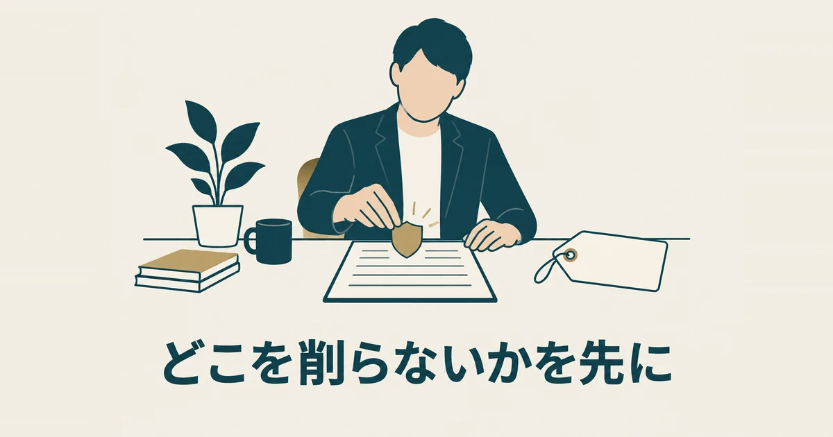格安AIツールのデメリットと失敗パターン7選｜削っていいコストの境界線：価格を見る前に守る条件を決める経営者のイラスト