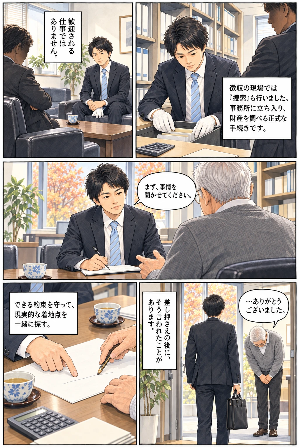 渡部一善の自己紹介マンガ 2ページ目 国税の捜索と対話
