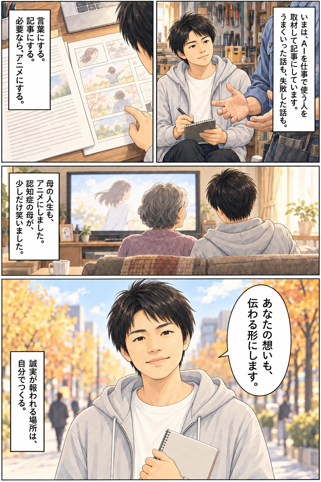 渡部一善の自己紹介マンガ 4ページ目 AI現場ログとAIアニメ制作