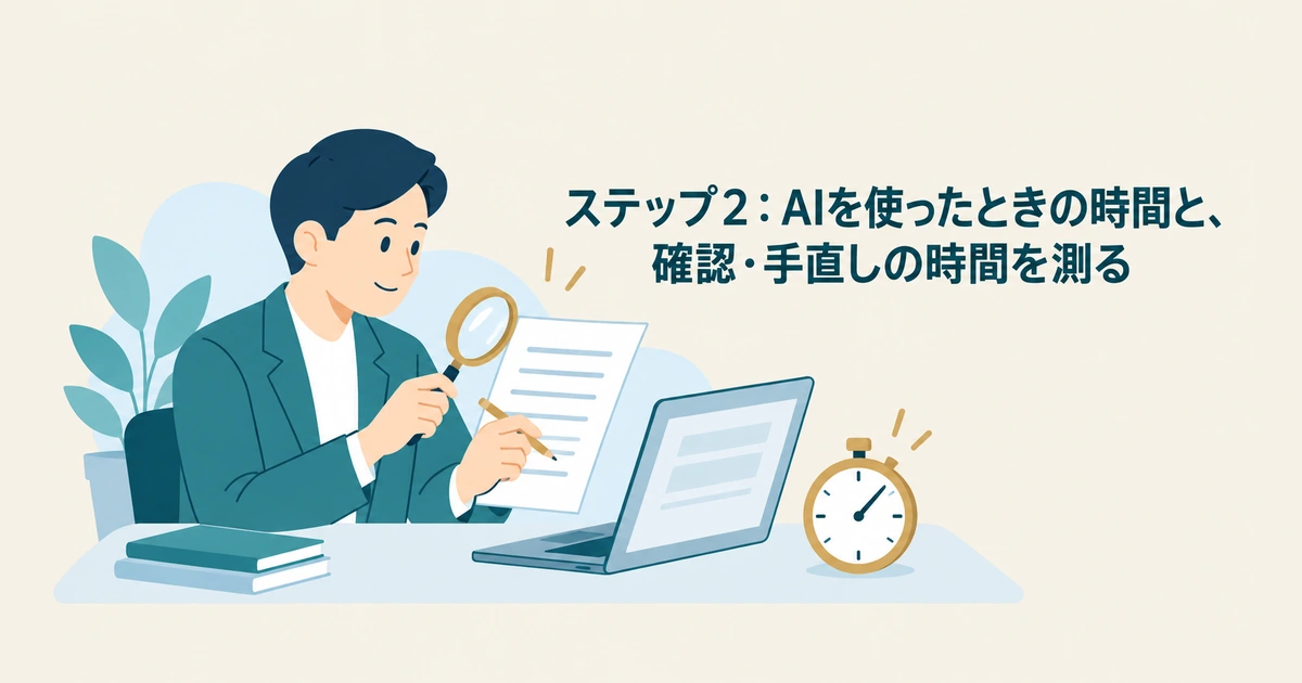AI導入のROI・費用対効果 計算：ステップ2：AIを使ったときの時間と、確認・手直しの時間を測る