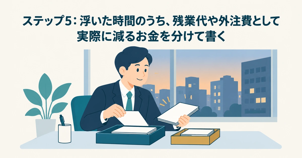 AI導入のROI・費用対効果 計算：ステップ5：浮いた時間のうち、残業代や外注費として実際に減るお金を分けて書く