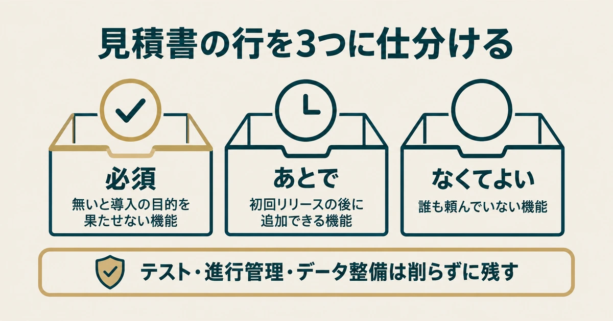 AI導入の見積もり交渉：見積書の行を3つに仕分けるの図解