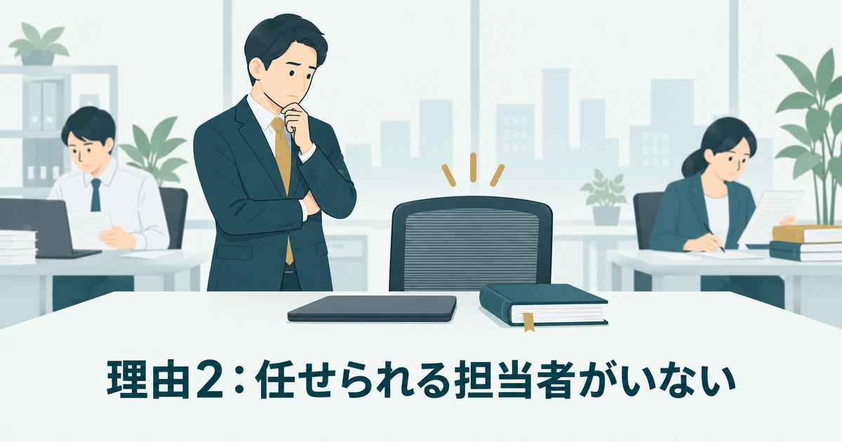 忙しい社員の前に、AI導入の担当者が決まっていない空席がある場面