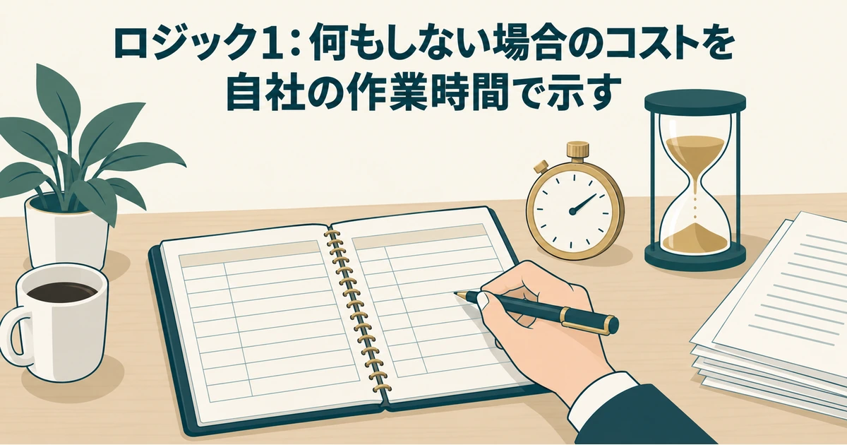 AI試行の前後の作業時間を記録帳と時計で測る手元