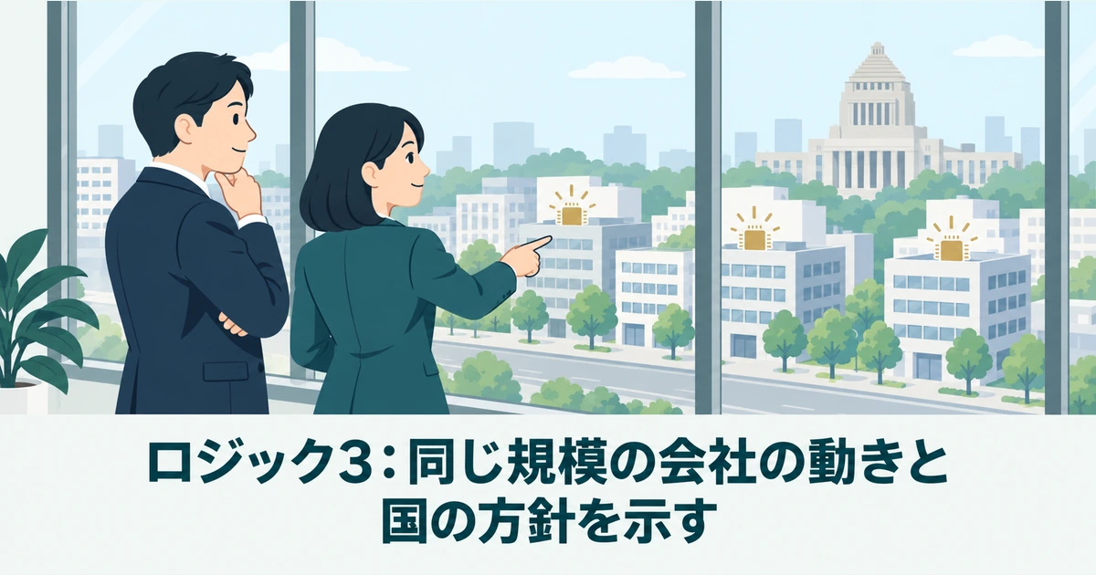 担当者と上司が同規模の会社の動きと国の方針を参考にする場面