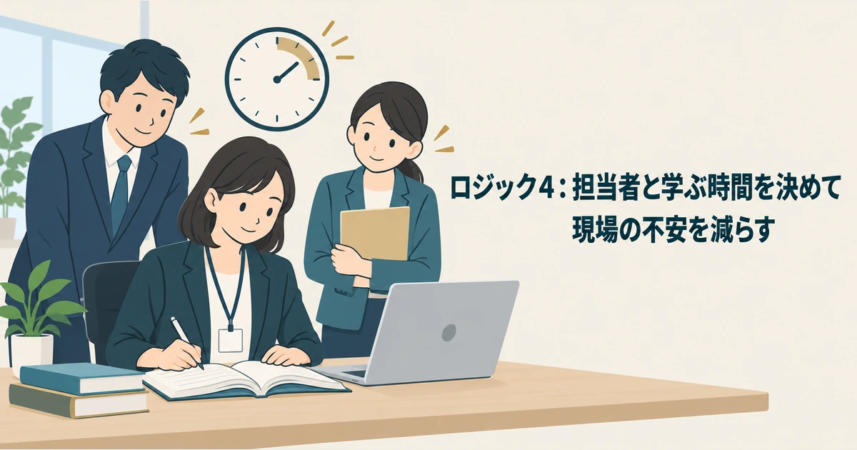 AI担当者が本とパソコンで学び、社員へ広げる準備をする場面