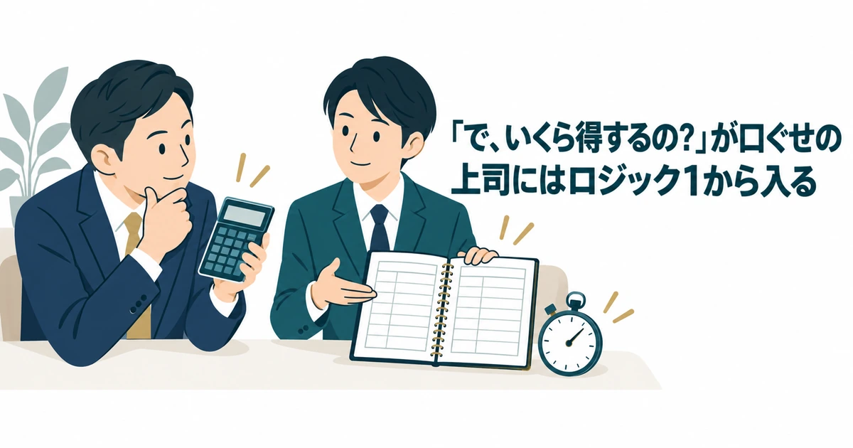 計算機を持つ上司に、自社の作業時間の記録で答える場面