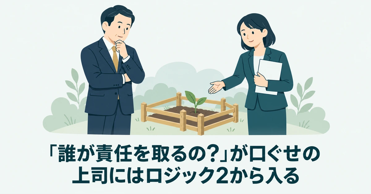 上司の責任への懸念に、小さな試行と中止条件を説明する場面