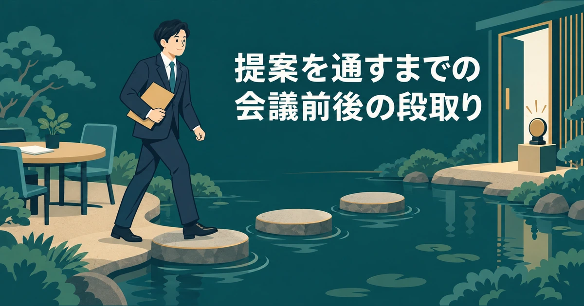 担当者が会議の準備から正式申請へ、飛び石を一つずつ進む場面