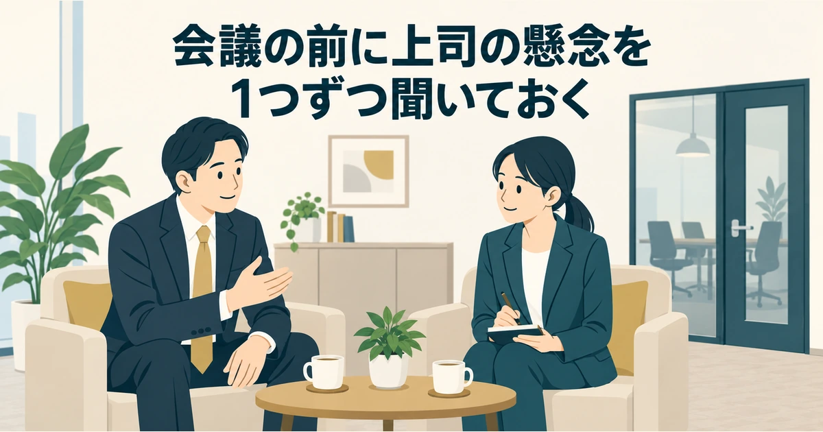会議前に上司の懸念を聞き、担当者が小さなノートへ記録する場面