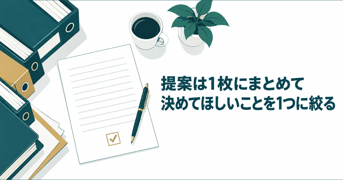 提案資料を1枚へまとめ、決めてほしいことを一つに絞る机上