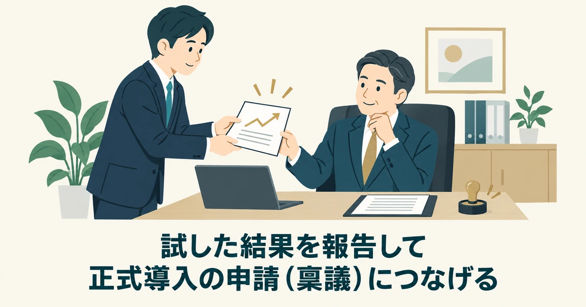 担当者が試行結果を上司へ報告し、正式な稟議につなげる場面